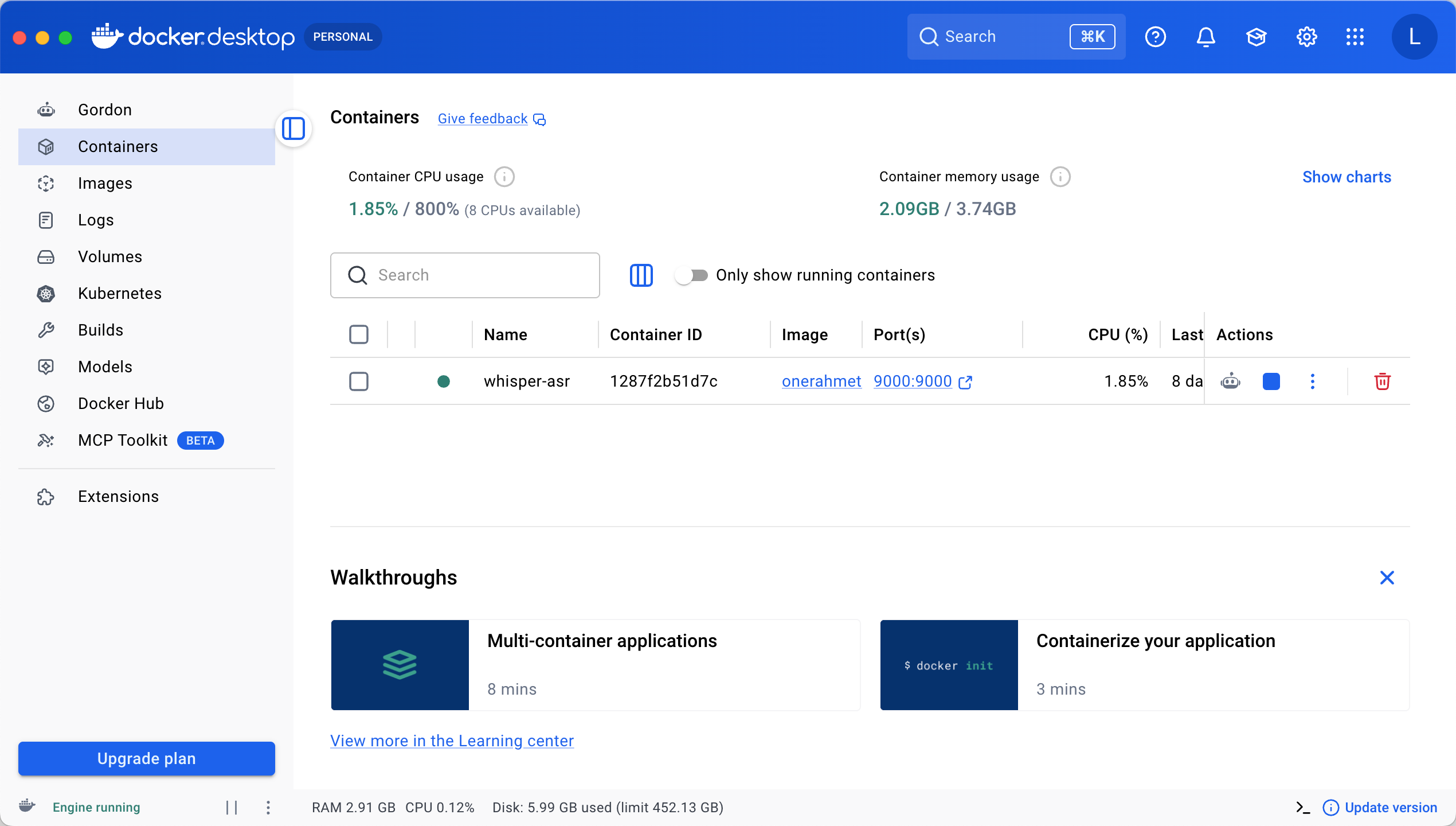 Docker Desktop 正常运行画面